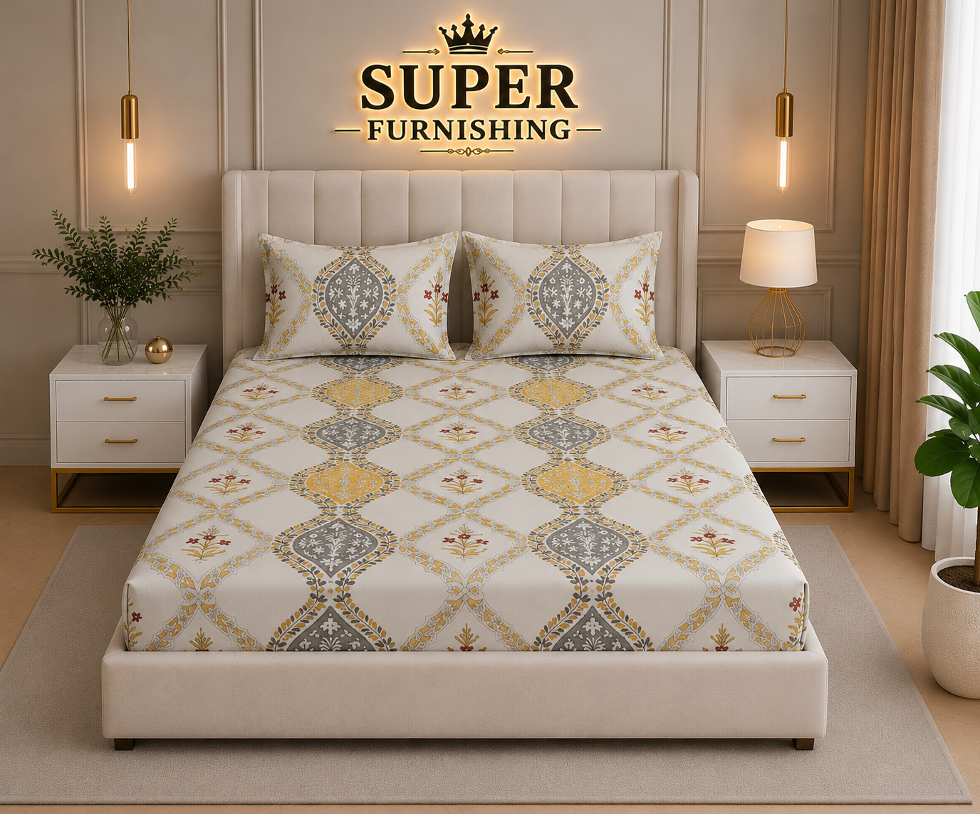 Porcelain Cotton Blend Elastic Fitted King Size Double Bed Bedsheet with 2 Pillow Covers SUPER FURNISHING  BUY 1 GET 1 FREE
