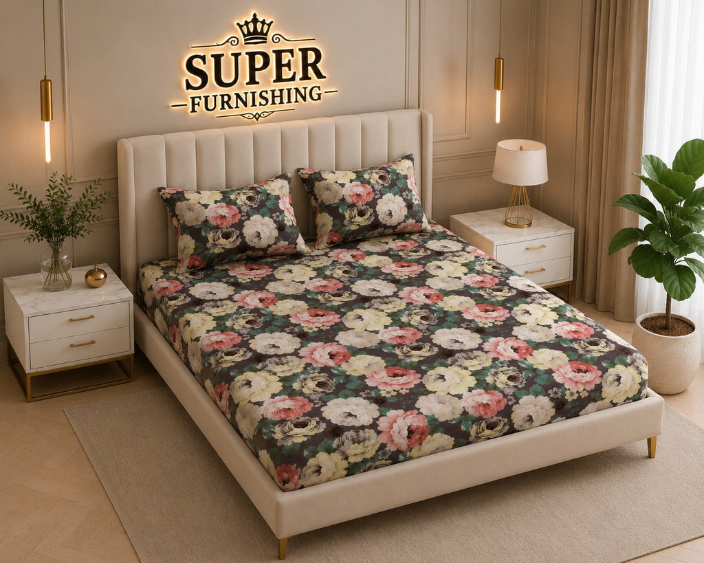 Brown Floral Cotton Blend Elastic Fitted King Size Double Bed Bedsheet with 2 Pillow Covers SUPER FURNISHING  BUY 1 GET 1 FREE