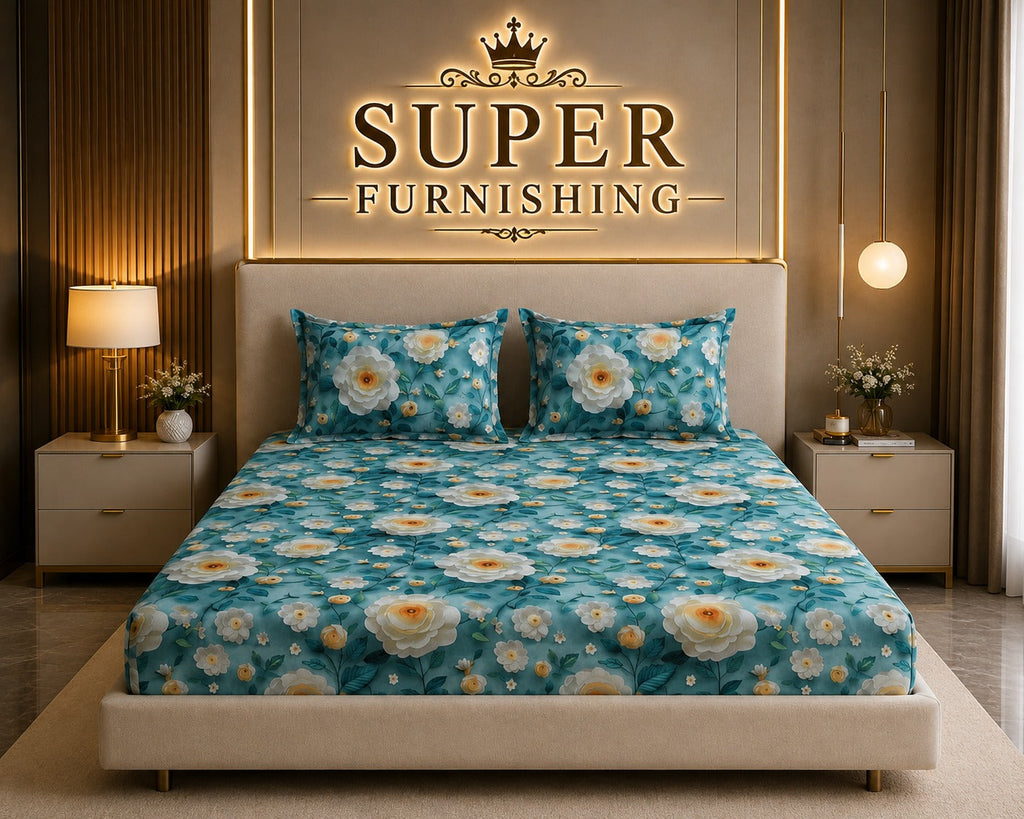 Light Green Cotton Blend Elastic Fitted King Size Double Bed Bedsheet with 2 Pillow Covers SUPER FURNISHING BUY 1 GET 1 FREE