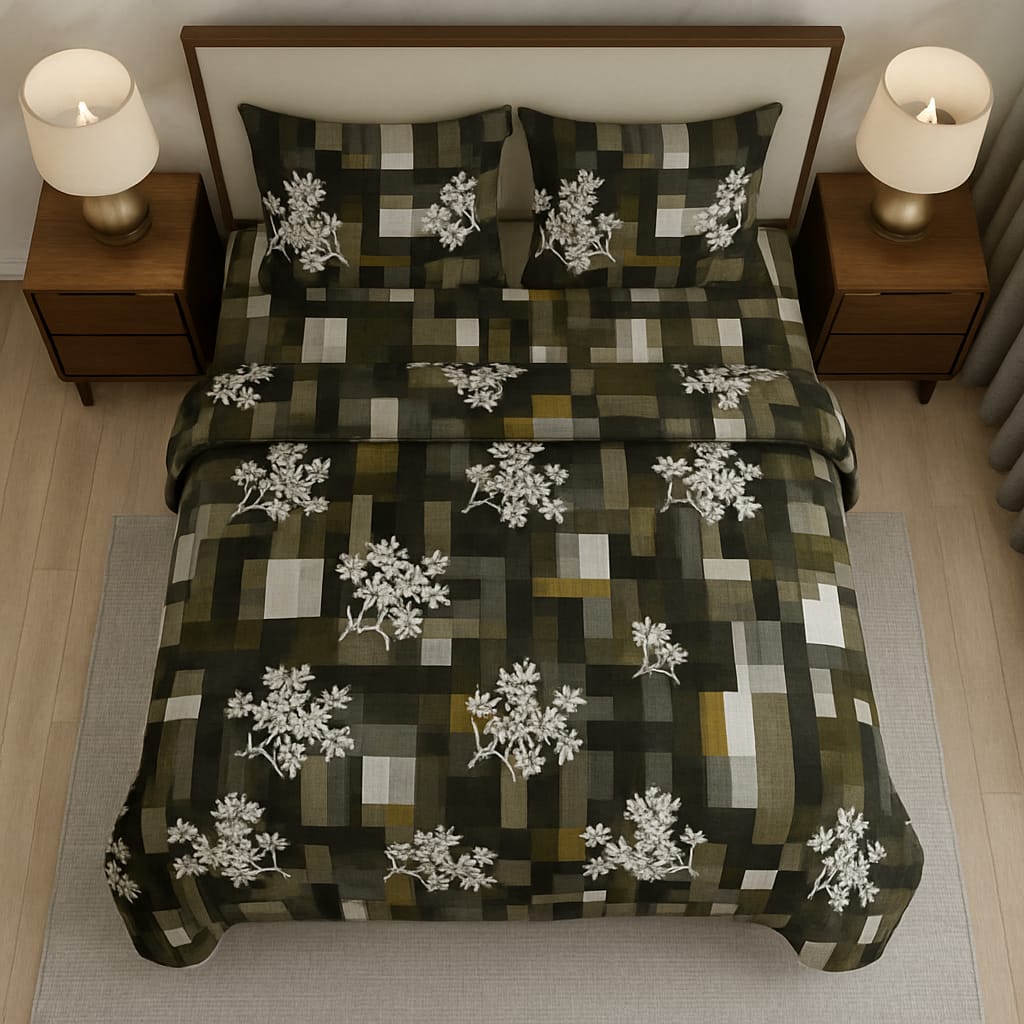 Olive Green Flooral print/  Pure Cotton King Size Bedsheet - Super Furnishing